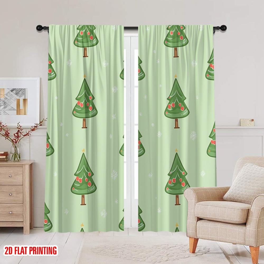 2pcs,2D plane printing Curtains Digital Printed Christmas Tree Snowflakes (2) Versatile 100% Polyester (without rod) Art Deco
