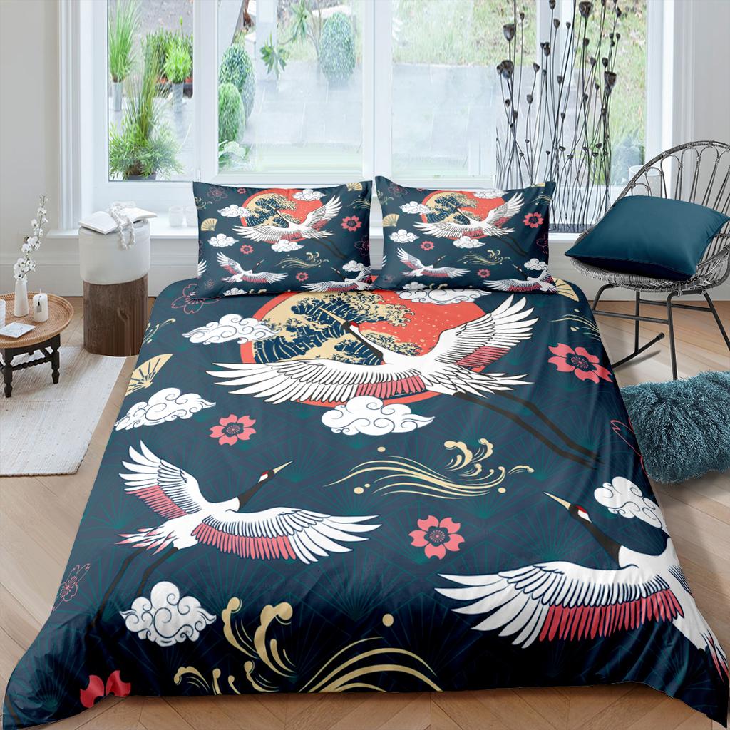 Пододеяльник с японским журавлем King Queen Size Wave Flower Ukiyo-e Style Комплект постельного белья Восточная культура 2/3 шт. Полиэстеровый пододеяльник