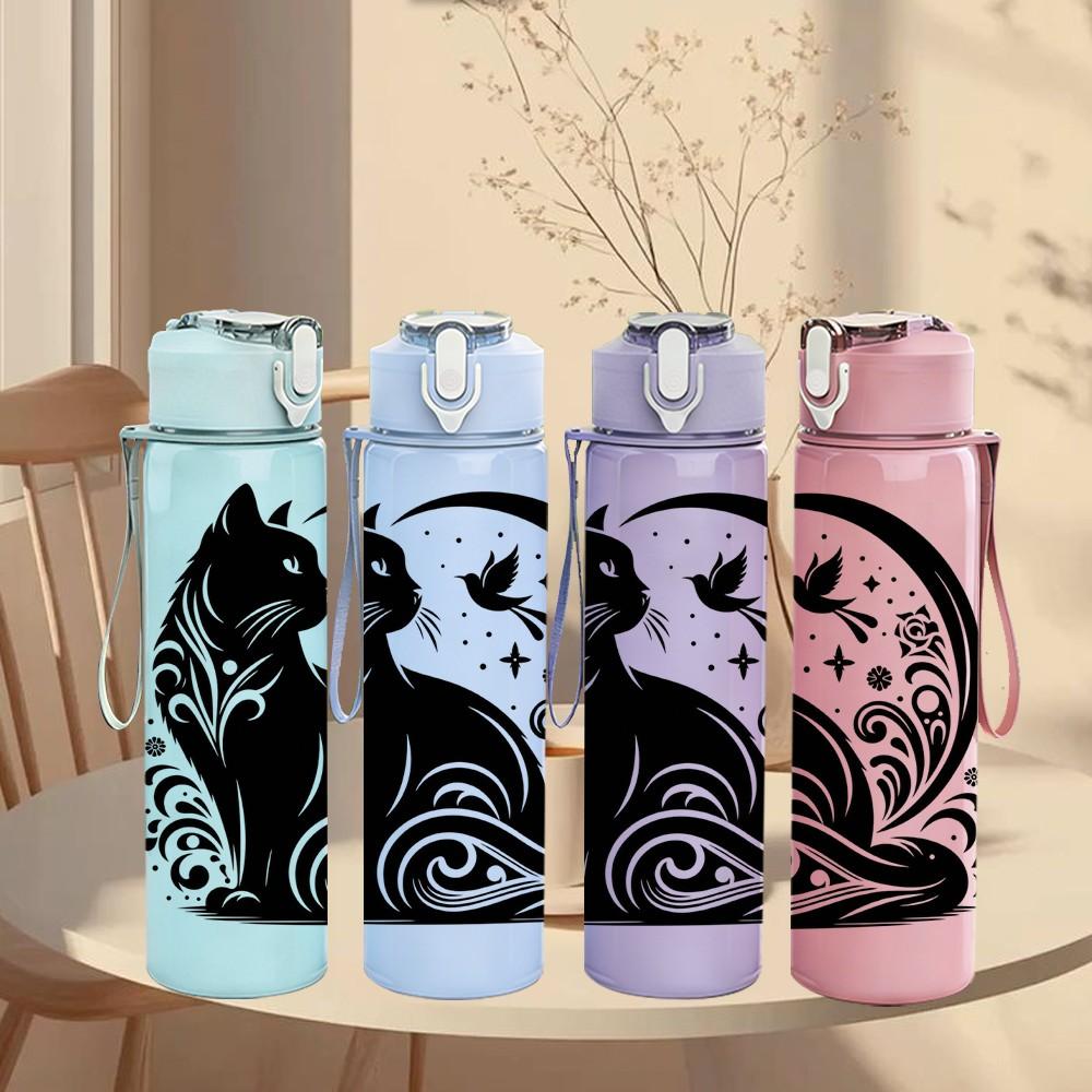 1PC Stylish Black Cat Silhouette Pattern 750ml Color Plastic Sports Water Bottle Leakproof Flip Straw Lid Suitable for Sports Office Home Use