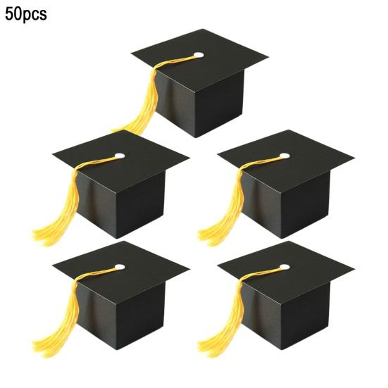 50Pcs Graduation Hat Candy Boxes with Tassels Square Chocolate Goodies Snack Paper Storage Boxes Party Favors Treat Packaging Boxes