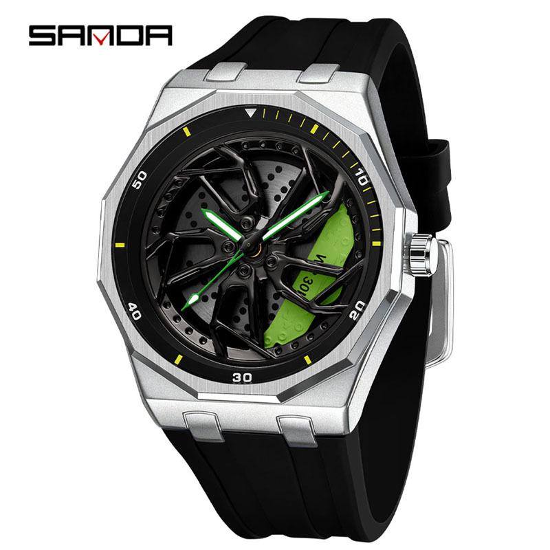 Sanda Brand Men's 360° Rotating Wheel Hubcap Design Quartz Watch Fashion Sports Silicone Waterproof For Daily Wear Hollow Watch