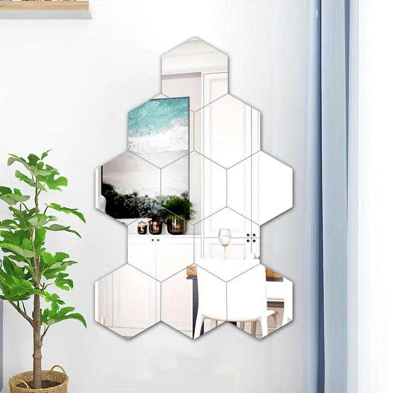 12Pcs Hexagon Acrylic Mirror 3D Wall Sticker Mirror Home Decoration DIY Removable Mirror for Living-Room Art Ornaments