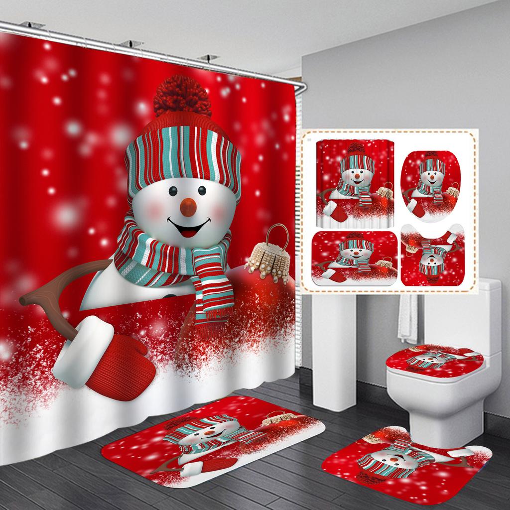 Christmas Snowman Decoration Shower Curtain Bath Tent Polyester Shower Curtain Four-Piece Christmas Bathroom Curtain