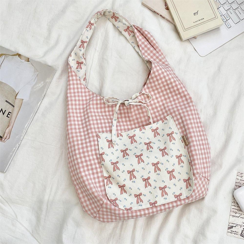Fairy Bowknot Vest Bag Large Capacity Canvas Tote Bag Casual Floral Plaid Shoulder Bag  Outdoor