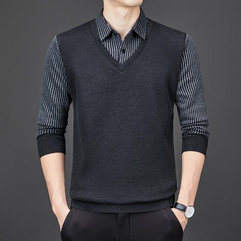 Fake Two-piece Sweater Men's Shirt Collar Long-sleeved Men's Velvet Thickened Winter Warm Top Bottoming Men's Sweater