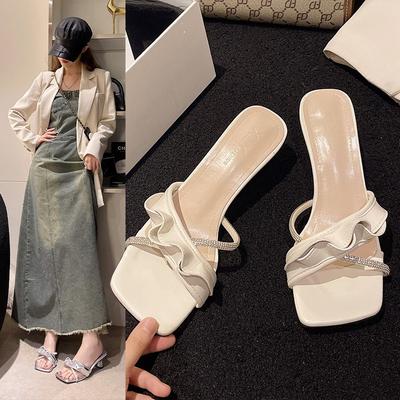 Новые французские тапочки с оборками, женские сандалии-шлепанцы на толстом каблуке, вечерний стиль, с блестками и высоким каблуком