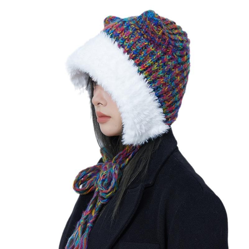 Autumn and Winter Cute Ears Big Head Circumference Colorful Thick Wool Female Warm Face Small Plush Contrasting Color Hat Knitted Hat