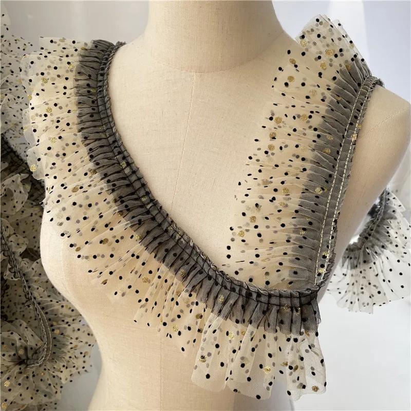 3 метра/партия, 8 см в ширину, бежевая сетчатая ткань в черный горошек/бронзовые золотые горошек, складки, кружевная отделка, аксессуары для платьев для домашних животных/кукол