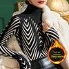 2023 Women's Zebra Pattern High Collar Knitted Slim-Fit Top with Velvet, Autumn/Winter Collection.
