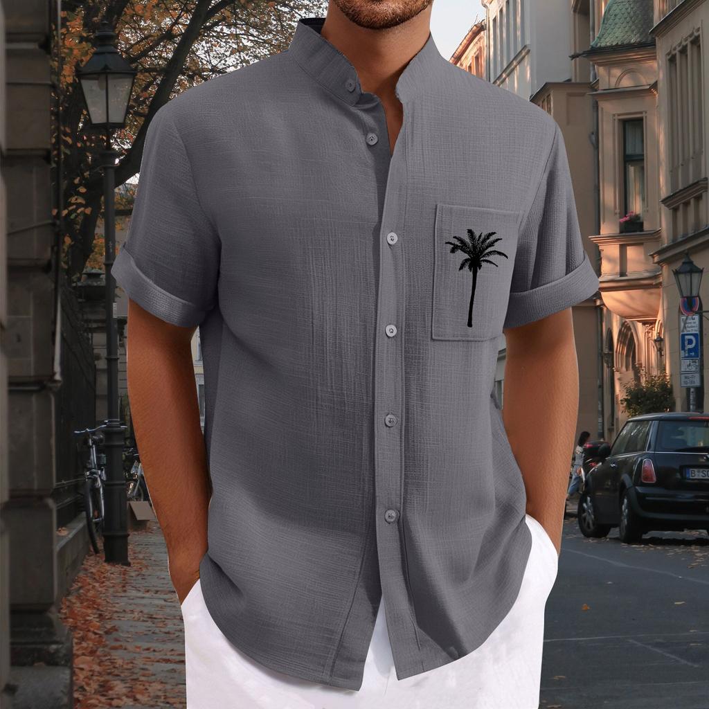 Men'S Casual Loose Fitting Short Sleeved Printed Shirt Fashion Standing Collar Top