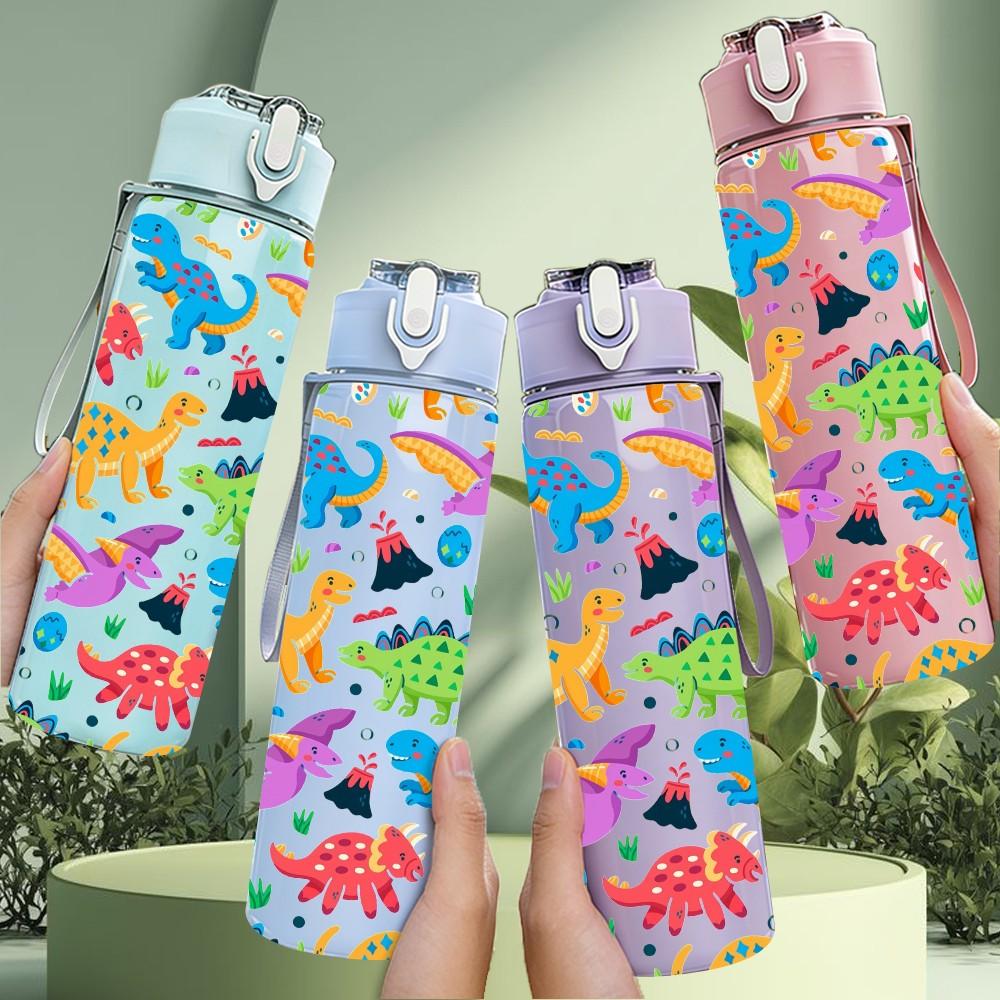 1PC Dinosaur Silhouette Color Splash Print 750ml Color Plastic Sports Water Bottle Leakproof Flip Straw Lid Suitable for Sports Office Home Use
