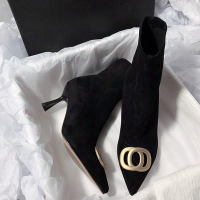 Осенне-зимние женские сапоги больших размеров с острым тонким каблуком в стиле ретро с эластичной короткой трубой