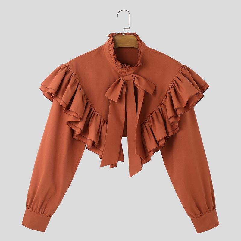 INCERUN Men Bow Tie Stand Neck Long Sleeve Ruffled Irregular Layers Tops Shirts