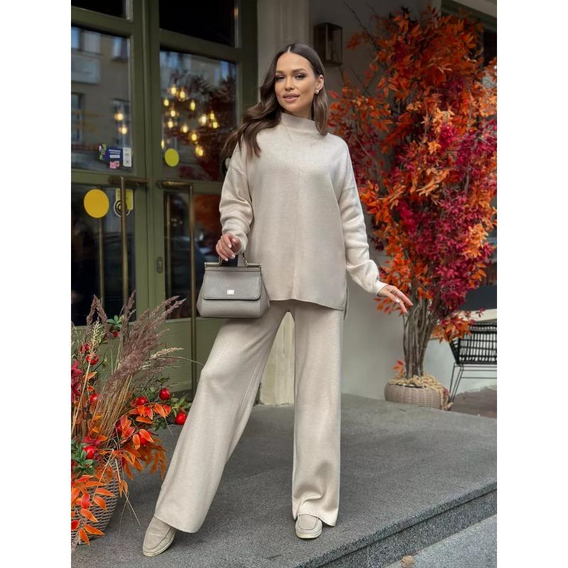 Женский комплект свитера с длинным рукавом и свободными повседневными брюками на осень и зиму