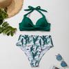 2Pcs/Set Women Sexy Bikini Set Halter Solid Color Bra Leaf Print High