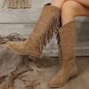 Women's Large Denim Tassel Knight Boots - Mid-Heel, Knee-Length (2024 Autumn/Winter Collection)