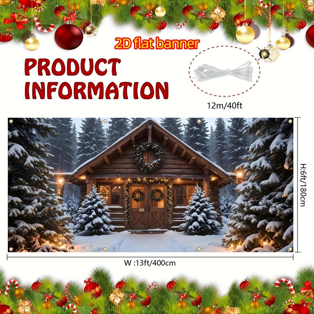 2D flat banner, 1 large Christmas garage background, pine forest cabin shooting background, Christmas tree