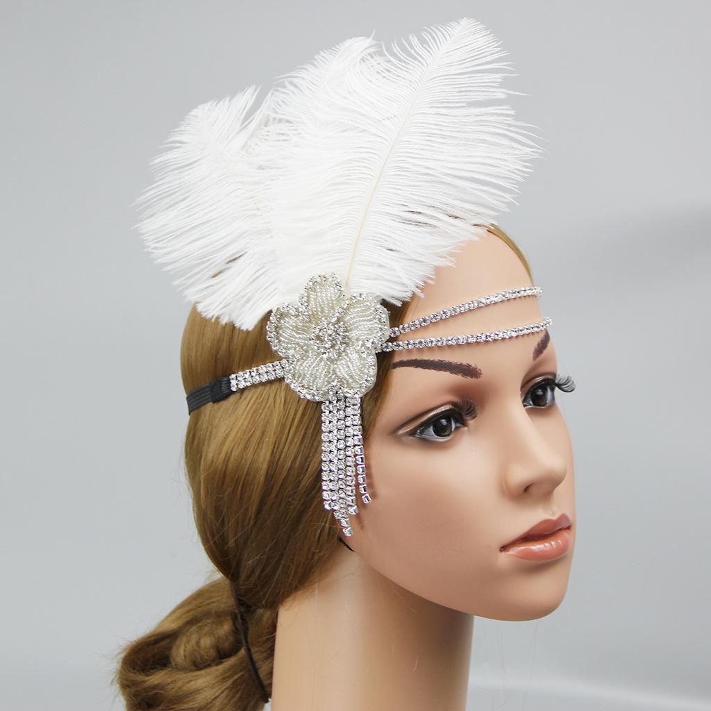 Винтажная бриллиантовая фронтальная повязка на голову, черная, 1920-е годы, белая повязка на голову с перьями и кисточками, свадебный, бальный, банкетный головной убор