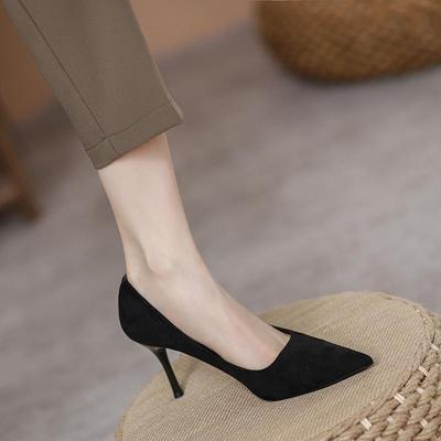 Женские туфли на высоком каблуке профессиональные весна и лето 2025 новая модель тонкий каблук черные одинарные туфли женские с острым носком с неглубоким вырезом универсальные рабочие туфли