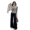 Plus Size Grey Cross-Neck Slim-Fit Knit Top for Women - Long Sleeve Spring Arrival, Slimming Inner Layer