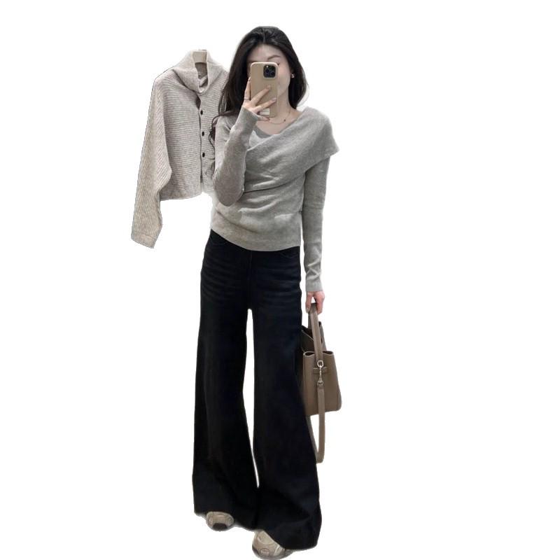 Plus Size Grey Cross-Neck Slim-Fit Knit Top for Women - Long Sleeve Spring Arrival, Slimming Inner Layer