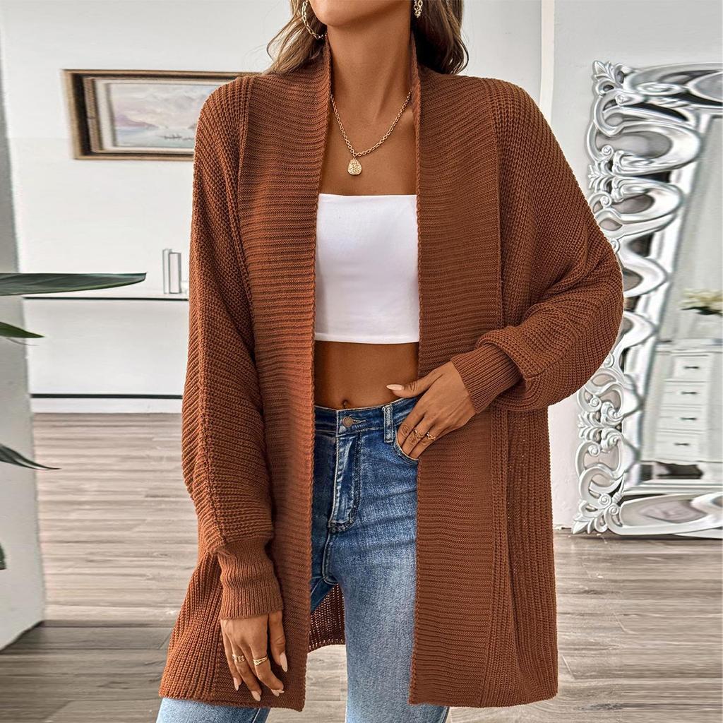 Женский вязаный кардиган средней длины однотонный с длинным рукавом куртка свитер вязаный свитер