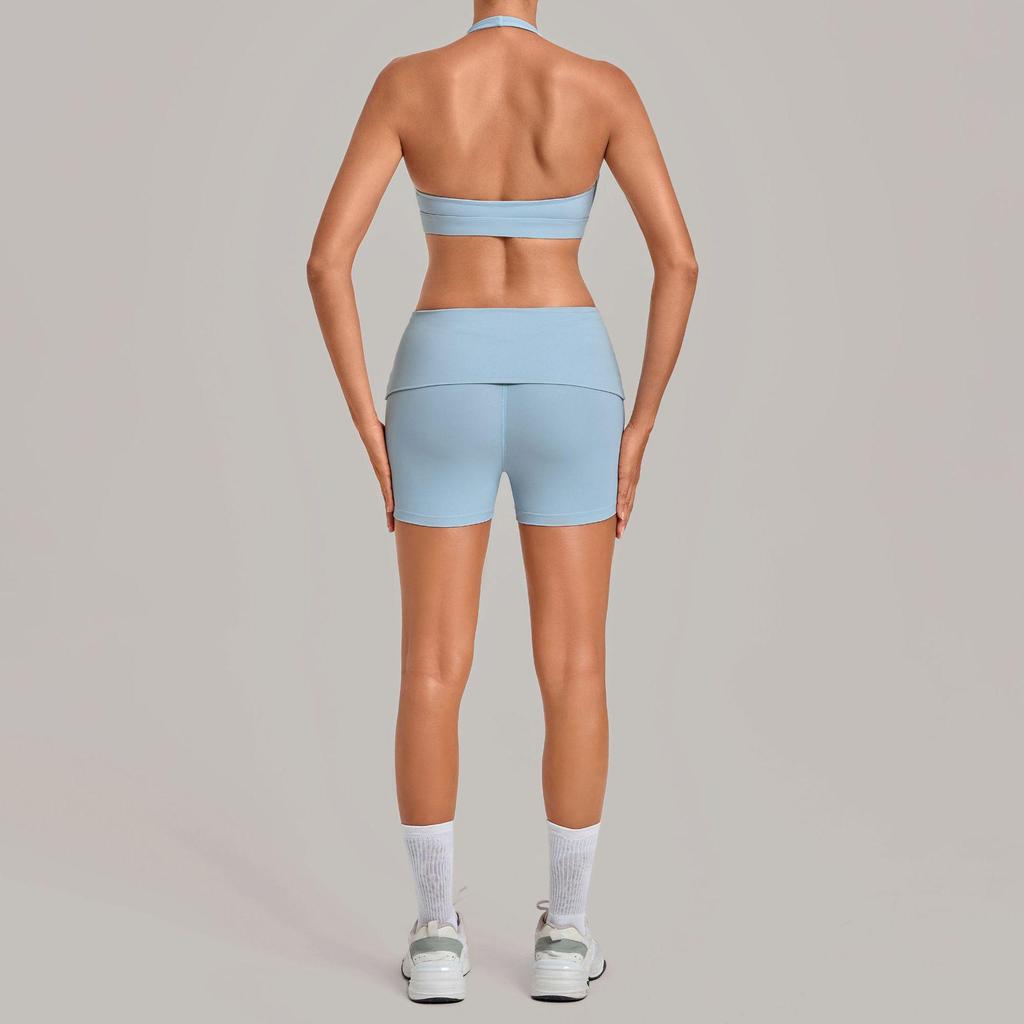 Women's Halter Backless Pleated Yoga Set - Tight Fit, Hip-Revealing Sportswear