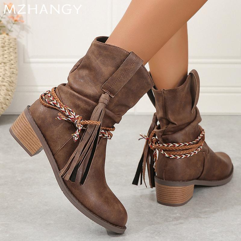 Fashion Pointed Toe Women Snow Ankle Boots Tassels Mid Heels Shoes Leather Chelsea Boots Winter 2024 Trend Chunky Goth Botas De Mujer