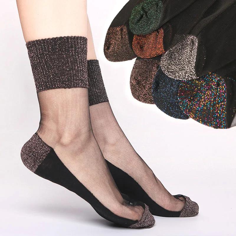 Women Summer Fashion Ultrathin Transparent Socks Glitter Crystal Glass Silk Socks Beautiful Lace Shiny Elastic Short Socks