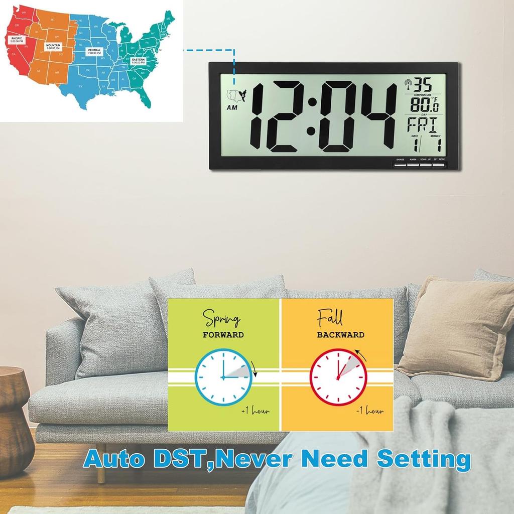 16" Atomic Clock Large Digital Wall Clock Battery Operated Large Display with Big Numbers,Temperature and Date - Easy to Read and Set,Auto DST