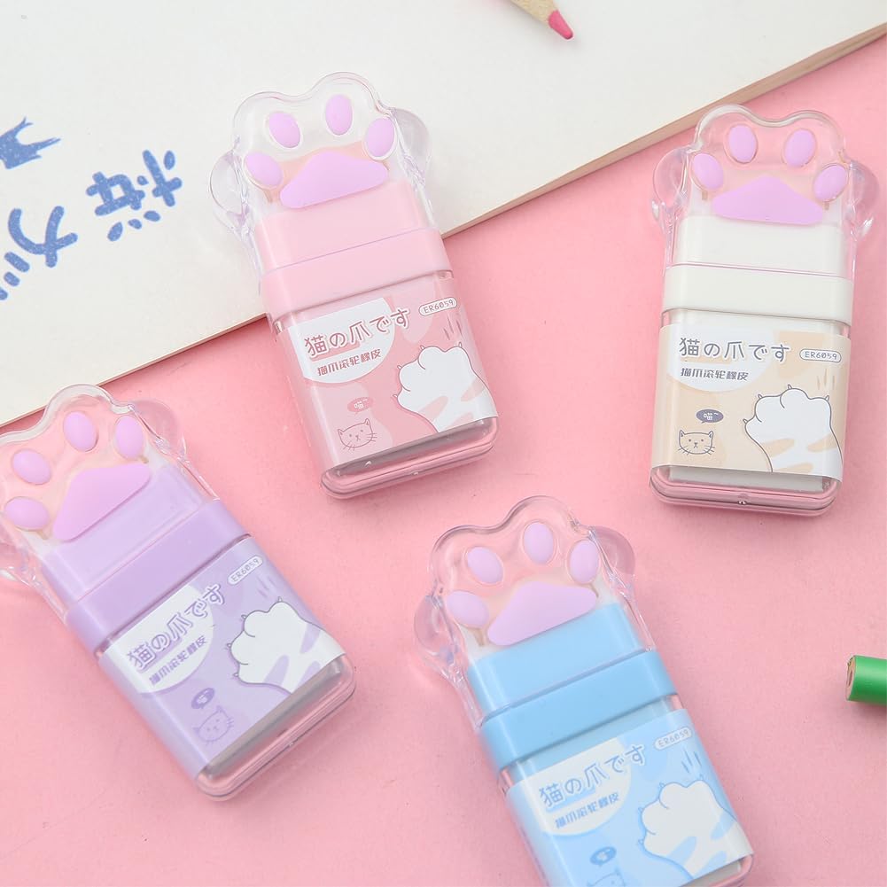 4Pcs Cat Paw Roller Eraser, Colorful Cute Cat Rubber, Kids Eraser with Shaving Roller Case for School Office Supply Stationery, 70 x 31 x 15mm
