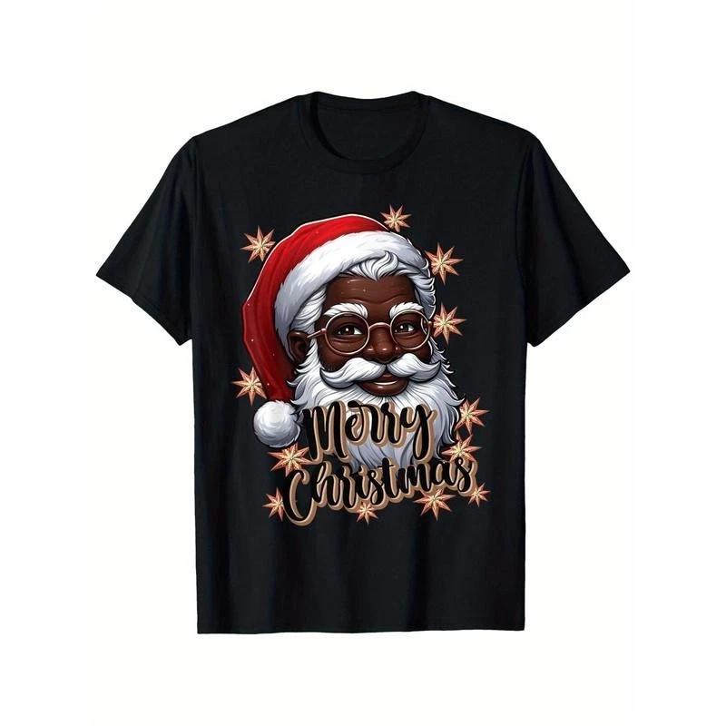 African American Santa Christmas Pajama Black X-Mas T-Shirt 100% Cotton Round Ne