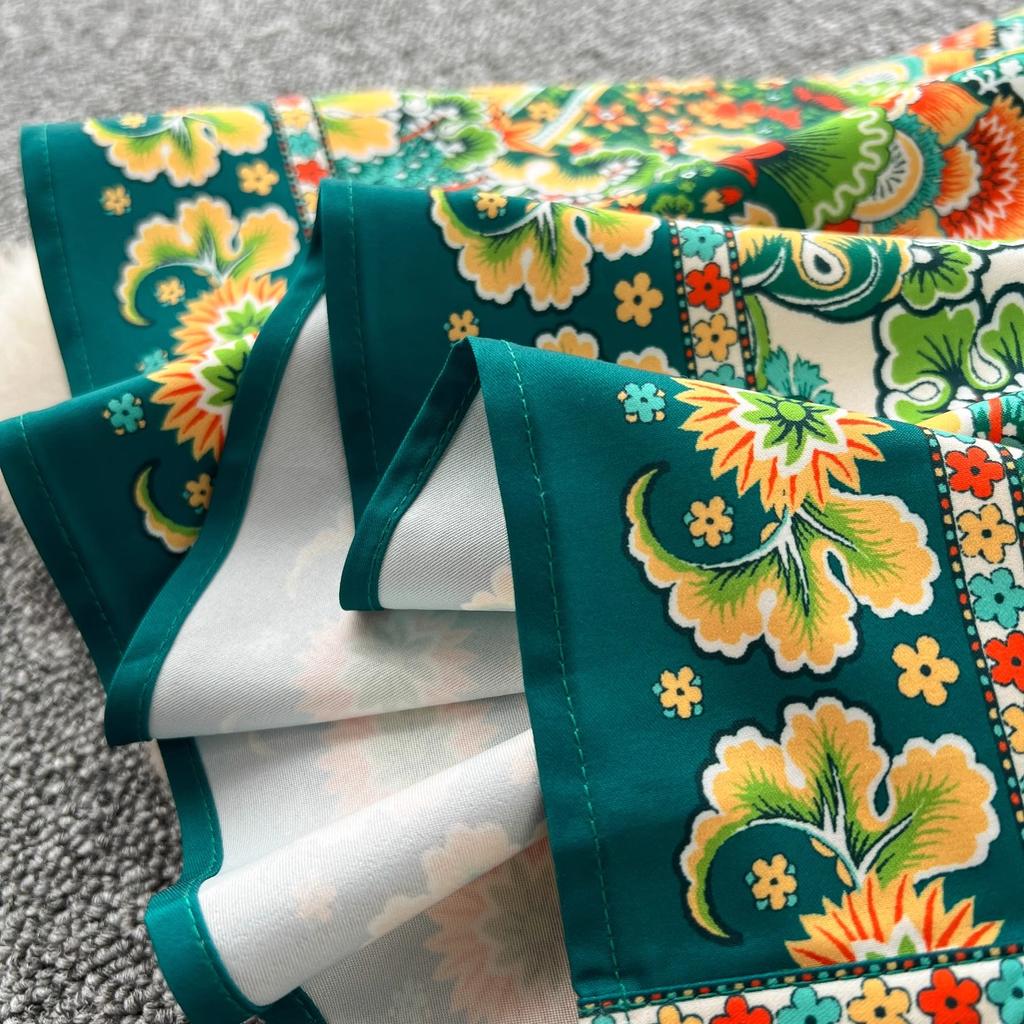 New Vintage Autumn Green Flower Printed Shirt Collar Dress For Women Single Breasted Lantern Sleeve Belt Holiday Midi Robe