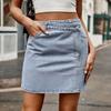 Women Denim Skirt Irregular High Waist Design Mini Skirt with Pockets Solid Color