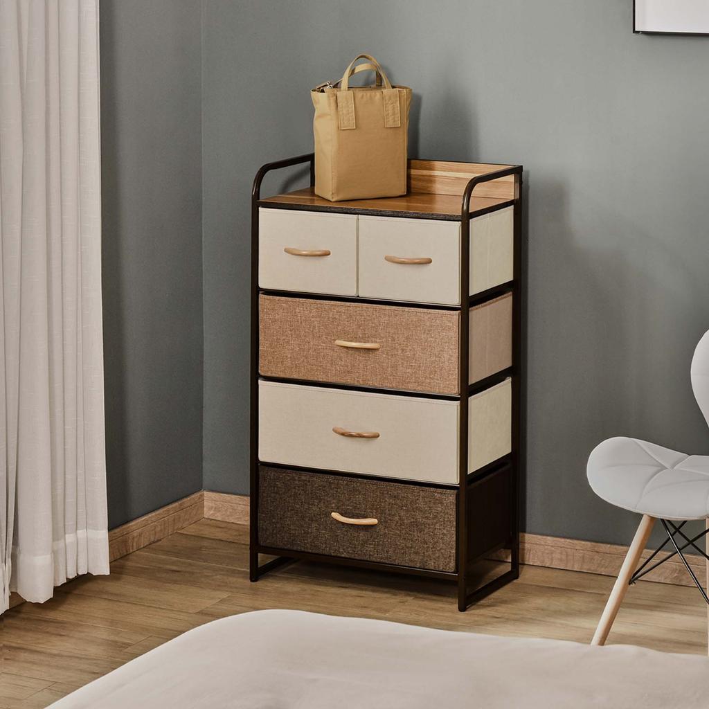 5-Drawer Dresser Tower 3-Tier Storage Organizer with Steel Frame Wooden Top for Bedroom Hallway Closets