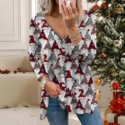Женские осенние рождественские футболки с длинным рукавом с принтом, свободные, с V-образным вырезом, больших размеров, топы, удобная блузка