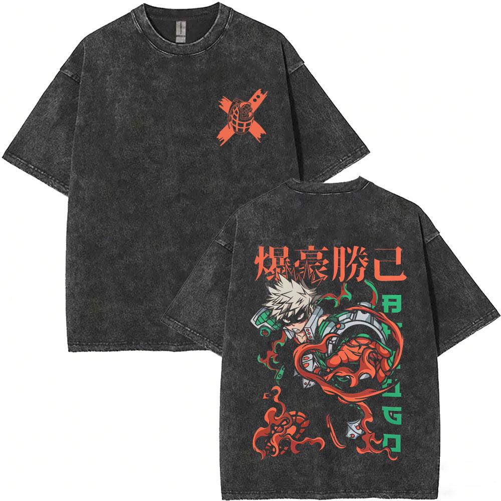 Anime My Hero Academia Shoto Todoroki Vintage Washed Tshirt Men Women Casual Retro Oversized T Shirts Cartoon Harajuku Tshirts