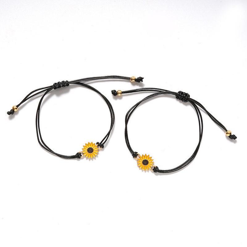 Sunflower Daisy Alloy Friendship Bracelet with Wax Thread Woven Design