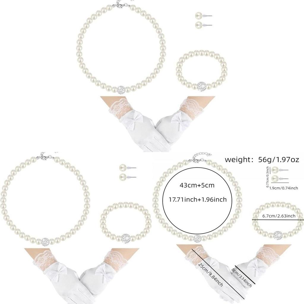 Childrens Artificial Pearl Necklace Set With Satin Gloves And Butterfly Bow Design For Stylish Casual Wear