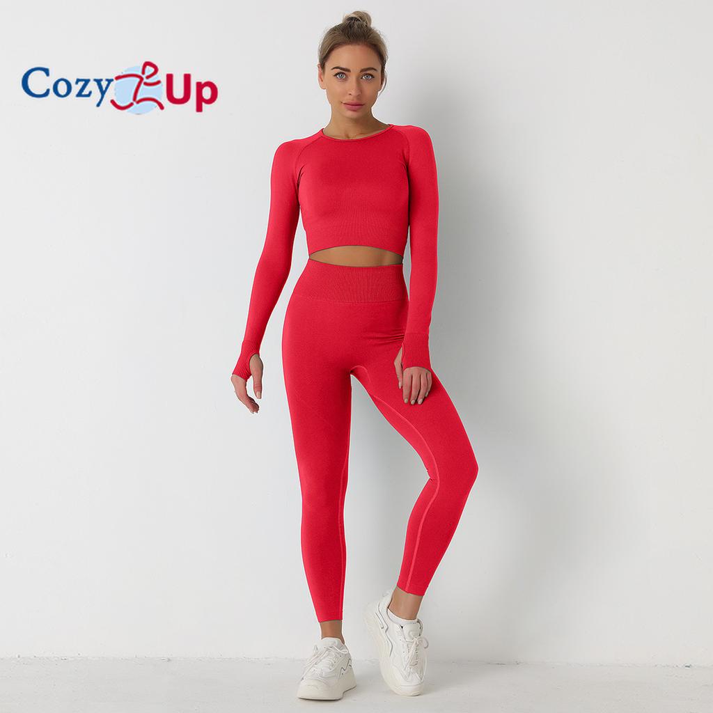 Cozy Up Тренировочные комплекты для женщин из 2 предметов для занятий йогой, бесшовные ребристые леггинсы с топами с длинными рукавами