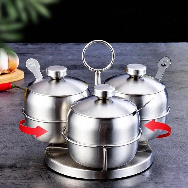 Банки для приправ из нержавеющей стали 304 Креативная вращающаяся на 360° солонка, сахарница, банка для специй с крышкой, кухонная бутылка для приправ с ложкой