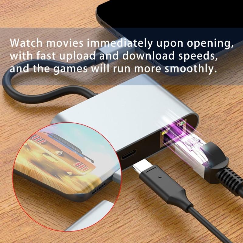 Адаптер-конвертер USB Type-C на Ethernet с поддержкой PD60W Быстрой зарядки и 2 портами USB для быстрого сетевого доступа и зарядки устройств