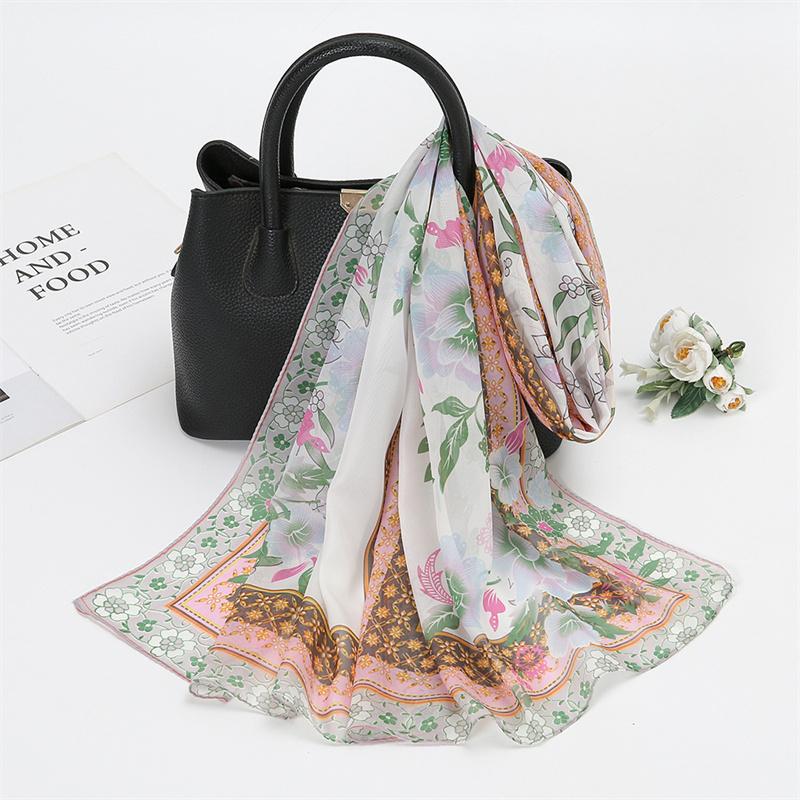 Scarves Natural Style Spring and Autumn Printed Flowers and Birds Rectangle Sun Protection Chiffon Scarf