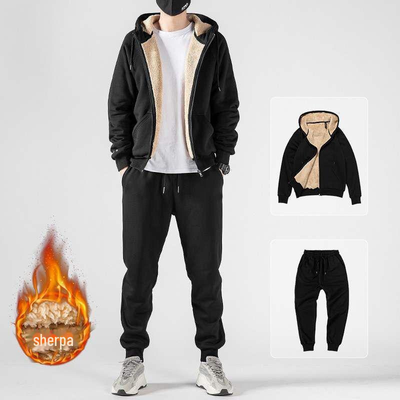 Men's Lamb Fleece Sweater Set: Winter Loose-Fit, Plus-Size Hooded Cardigan Jacket with Pants.