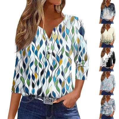 Жен. Футболка С принтом Пуговицы Рукав 3/4 Повседневные Выходные Мода Классический Классический V-образный вырез Обычный Верх