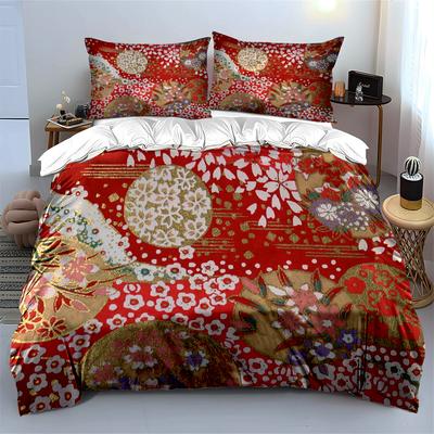 Floral Pattern Red Bedding Set Bedding Set (1 Duvet Cover, 2 Pillowcases, Duvet Not Included)