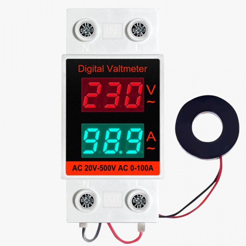 Din Rail Voltmeter Ammeter 2 in 1 AC Monitor Single Phase Voltage Current Power Meter AC20-500V AC0-100A VOLT AMP Detector