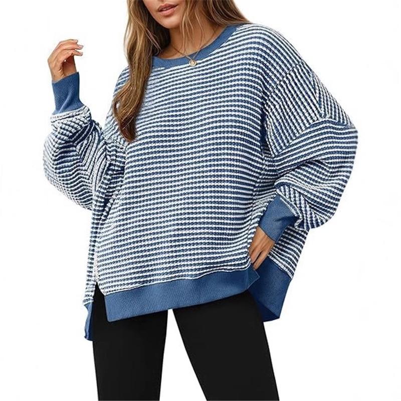 Women Striped Crew Neck Sweatshirt Loose Oversized Long Sleeve Pullover Casual Daily Blouse Top