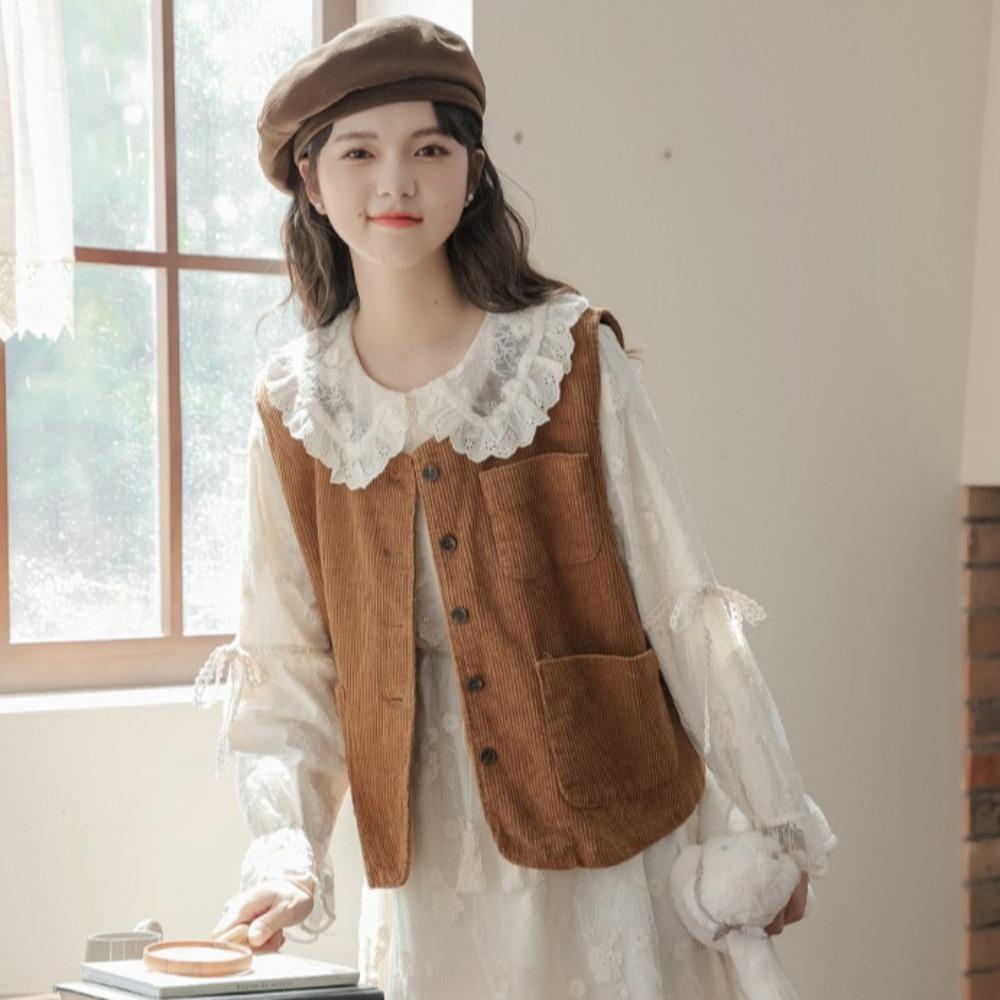 All Match Button-up Short Coats Round Neck Waistcoat Women Simple Vintage Corduroy Vests  Ladies