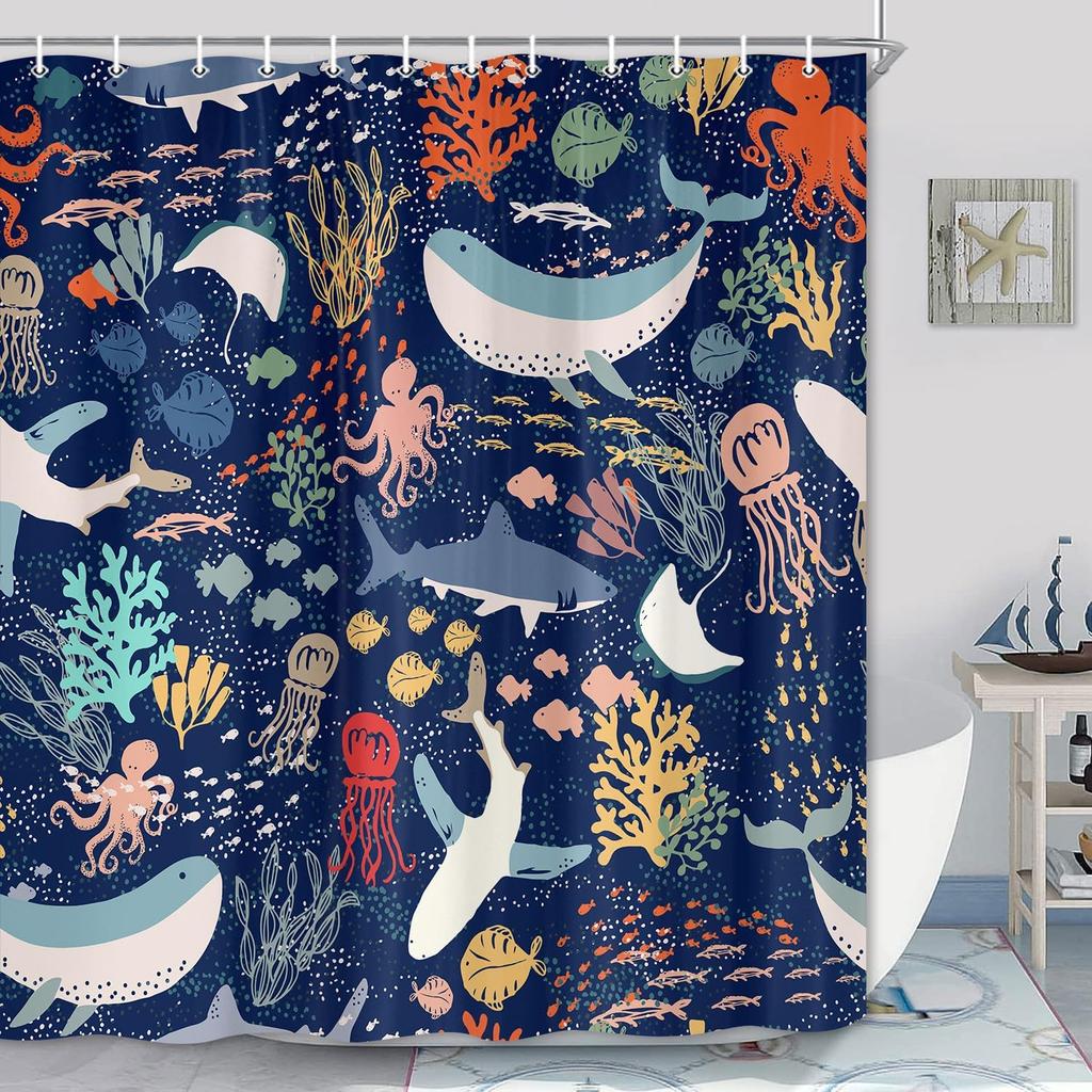 Funny Animal Shower Curtain, Cool Cute Raccoon Riding Shark Ocean Wave Shower Curtain for Bathroom, Fun Nautical Coastal Funny